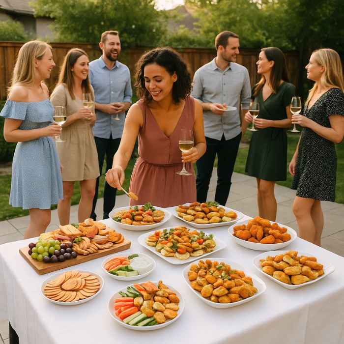 people enjoying a small event with catering buffet table in Melbourne, Australia