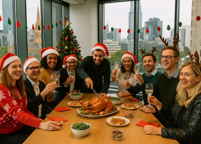 ANZ Collins Street Melbourne office Christmas party with coworkers celebrating around a large festive table. Team members in Santa hats share champagne and a catered Christmas feast featuring roast turkey, vegetables, and salads in a bright modern office overlooking Melbourne city skyline.