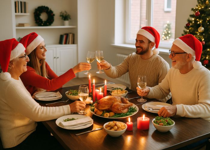 Brighton Beach Road home Christmas lunch in Melbourne with a family celebrating around a festive dining table. The catered feast includes roast turkey, potatoes, vegetables, and salads.