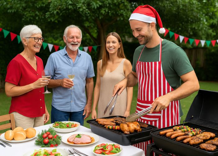 Melbourne backyard Christmas BBQ catering scene with friends enjoying a summer celebration. A man in a Santa hat grills sausages, burgers, and seafood while guests share drinks and laughter around an outdoor table set with salads and festive dishes